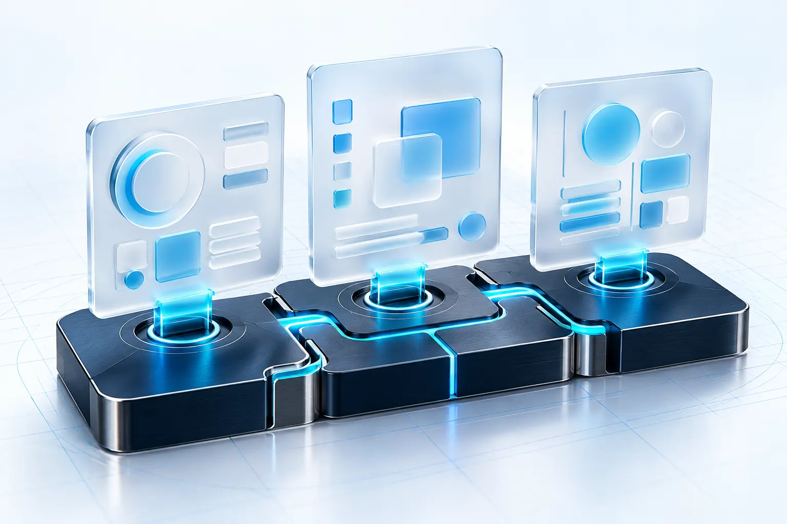 Módulos de software que encajan entre sí, representados mediante paneles de cristal conectados.